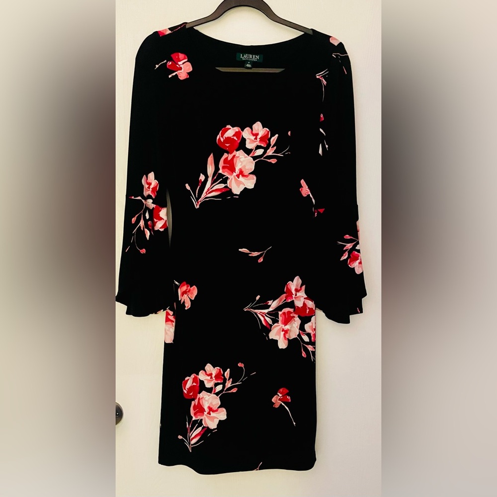 Ralph Lauren Women's Black/Pink Floral Sheath Dress Size 2 with flowing sleeves